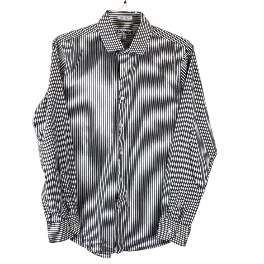 Men's Express Extra Slim Fit Black White Stripe Long Sleeve Button Front Shirt